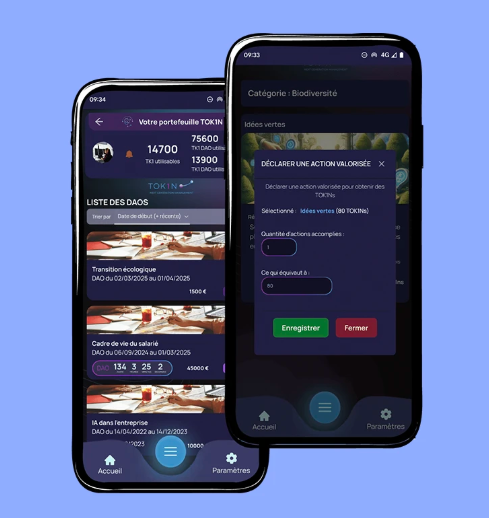 Interface mobile TOK1N : portefeuille et déclaration d'actions valorisées